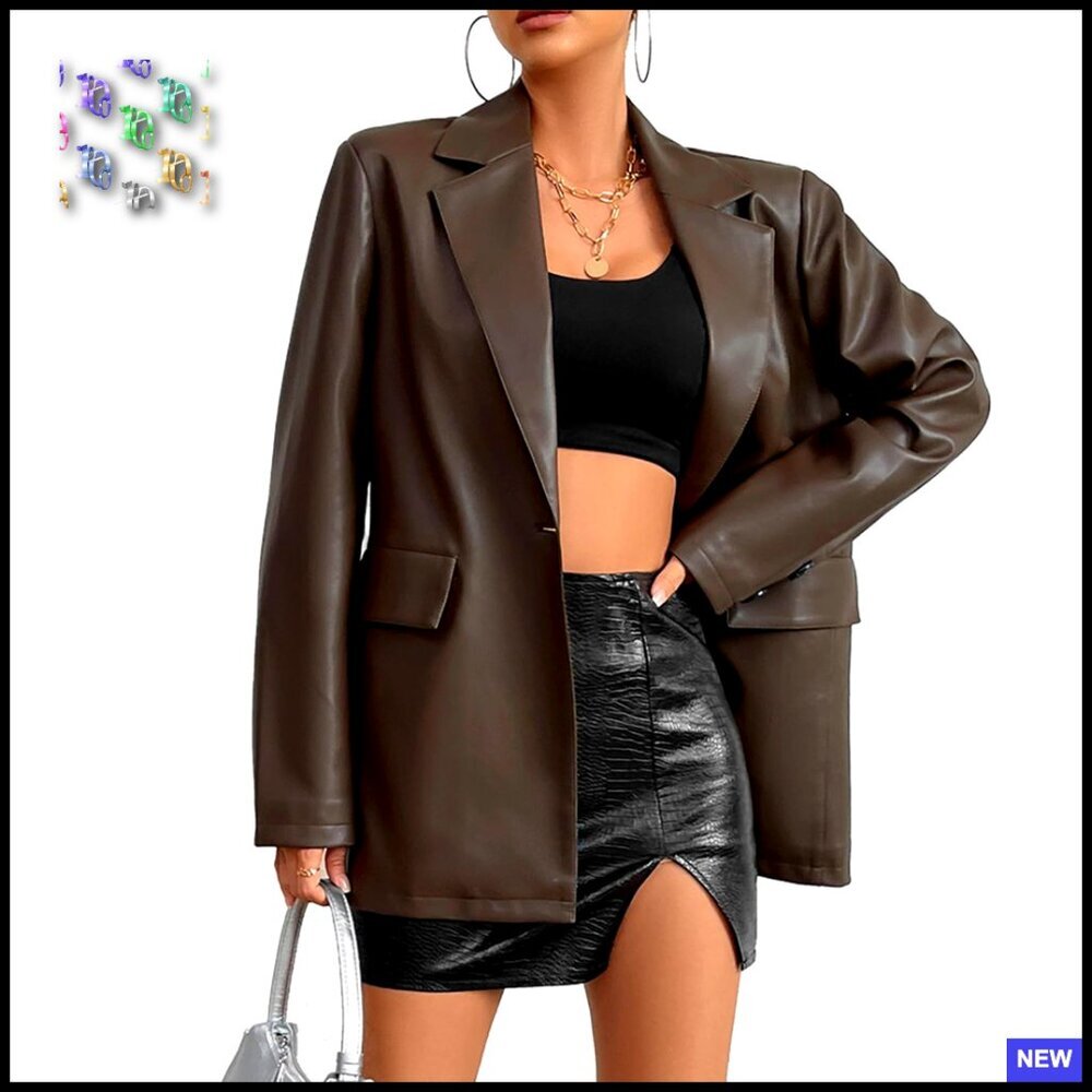 Faux Leather Blazer Jacket Moto Biker Coat Oversized Chic Classic